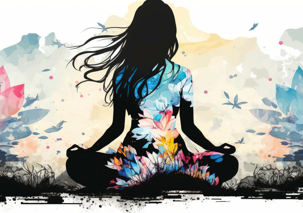 long-hair-woman-lotus-pose-sillhouette-practicing-yoga-pastel-colors