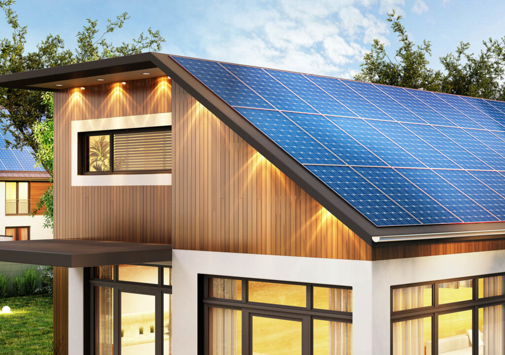 Modern house with solar panels on the roof. 3D rendering
