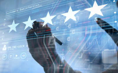 Five stars (5) rating with a businessman is touching virtual computer screen.For positive customer feedback and review with excellent performance.