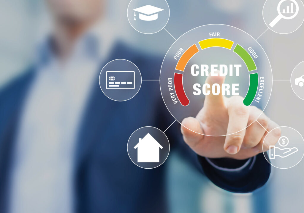 Credit Score rating based on debt reports showing creditworthiness or risk of individuals for student loan, mortgage and payment cards, concept with business person touching scorecard on screen