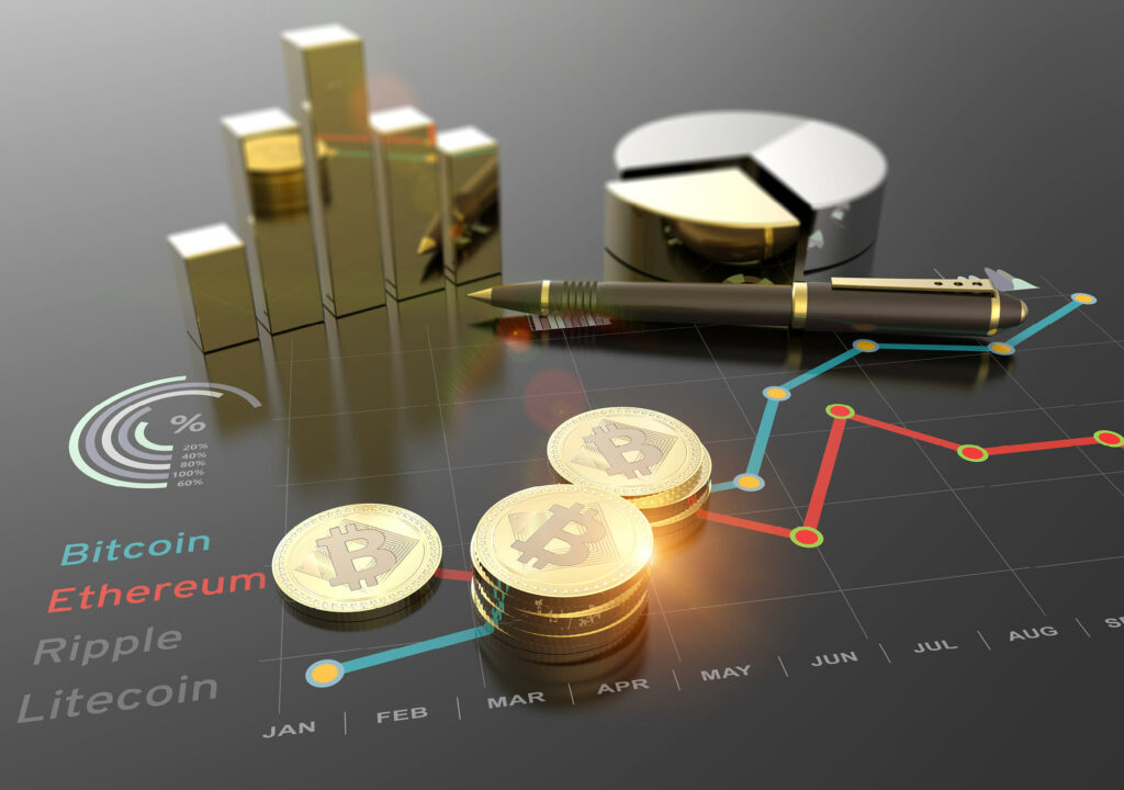 Cryptocurrency Bitcoin and virtual financial currency market exchange 3D illustration