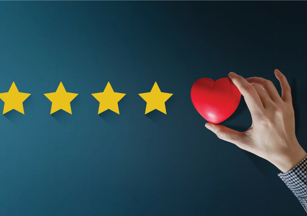 Customer Experience Concept, Best Excellent Services Rating for Satisfaction present by Hand of Happy Client put a Heart on Five Star