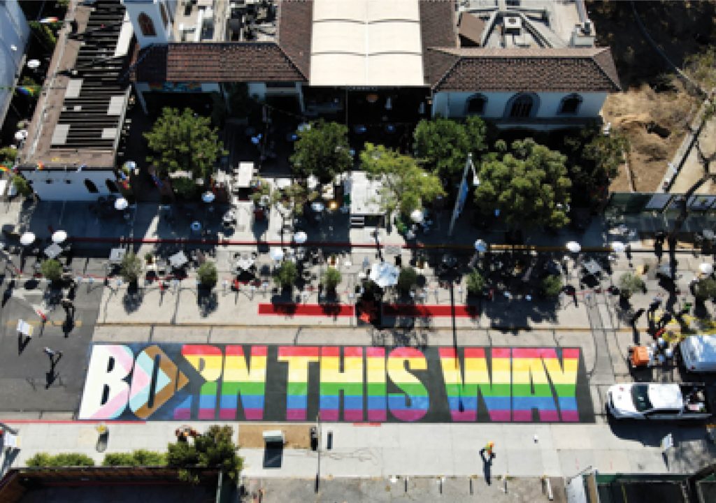 Born This Way text in LGBTQ+ collor painted on the street