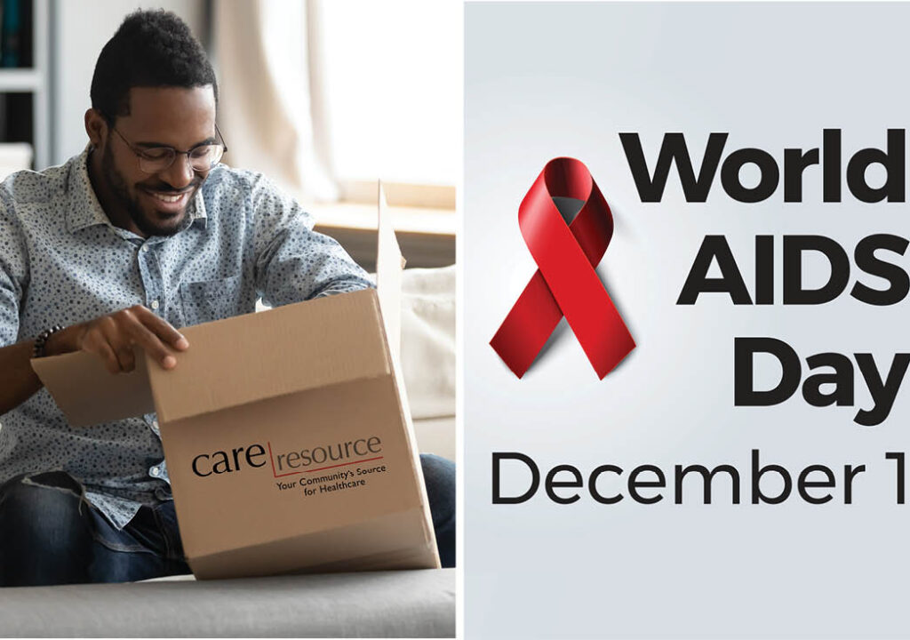 Man Unpacking box _ World Aids day logo and date