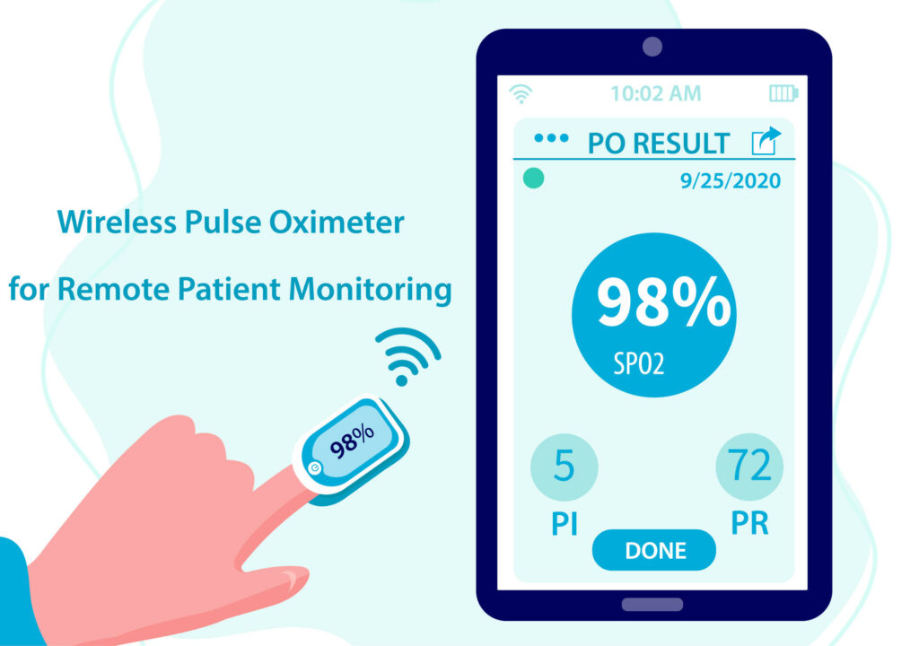 Wireless Pulse Oximeter for Remote Patient Monitoring. Records and shares data with physician teams. Digital Health concept for chronic care.