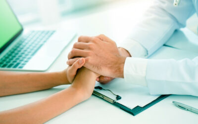 Doctor's hand is holding the patient's hand. Thought-Based Therapy Personal changes such fresh start. self-care mental health. Including PTSD and suicide prevention. Psychological concept