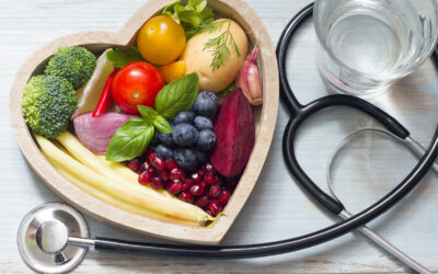 Healthy food in heart diet concept with stethoscope