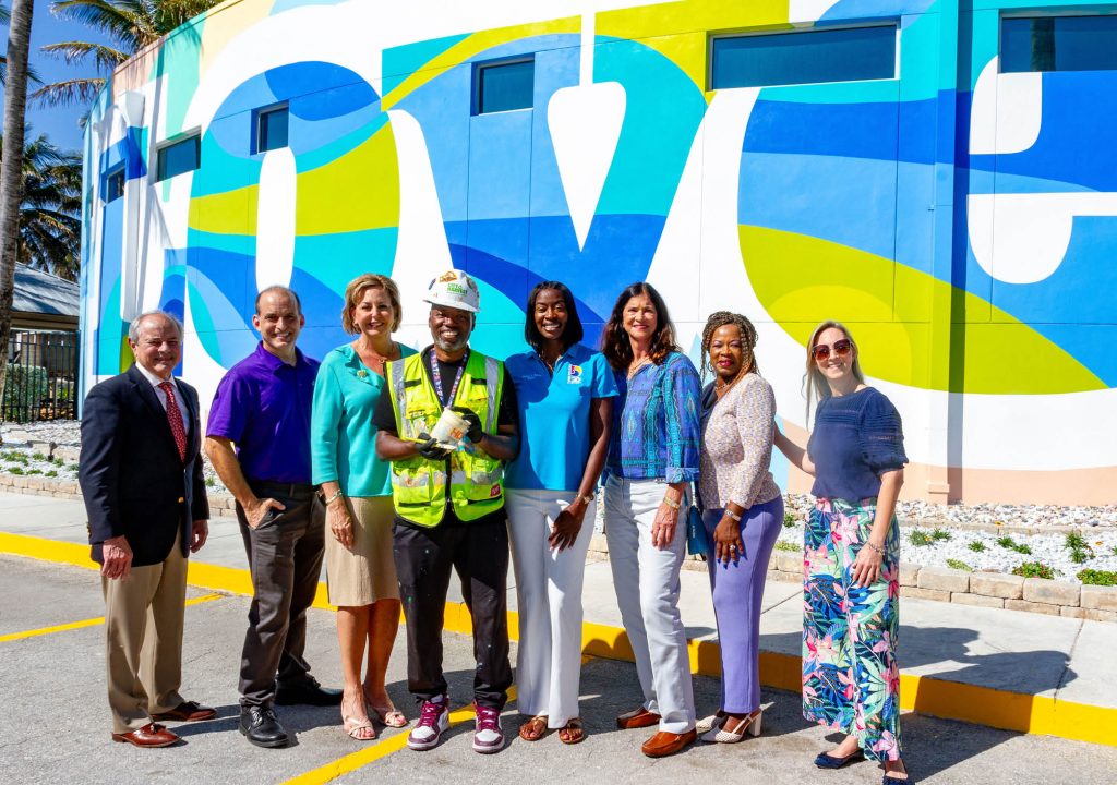 Dania Beach Lead with Love Mural Aurelio Fernandez, Kirk Englehardt, Jennifer O'Flannery Anderson, Ph.D., Cey Adams, Mayor Joyce L. Davis, Mona Pittenger, Sheri Brown Grosvenor and Amanda Kah