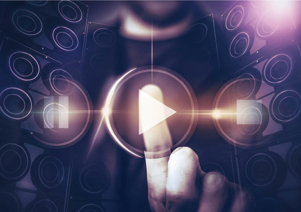 Man pressing Music Play Button on screen