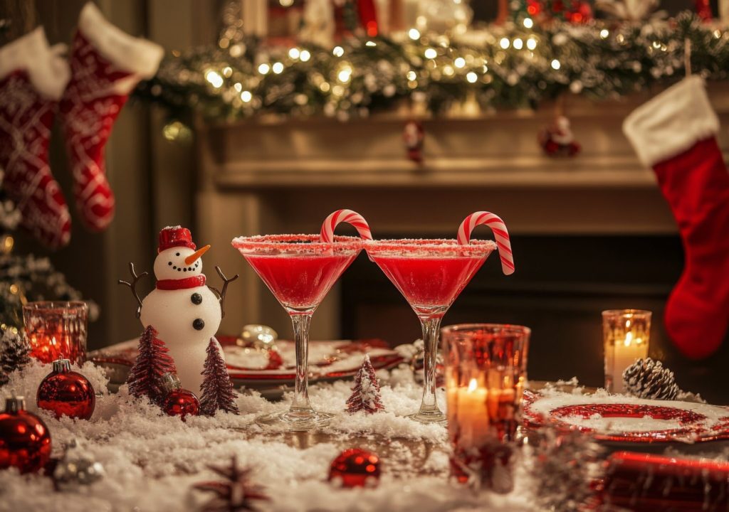 Festive holiday table setup featuring red cocktails, decorations, and winter ambiance. A beautiful holiday table is set with red cocktails garnished with candy canes, surrounded by festive decorations, twinkling lights, and a cozy winter atmosphere, perfect for celebrating the season.