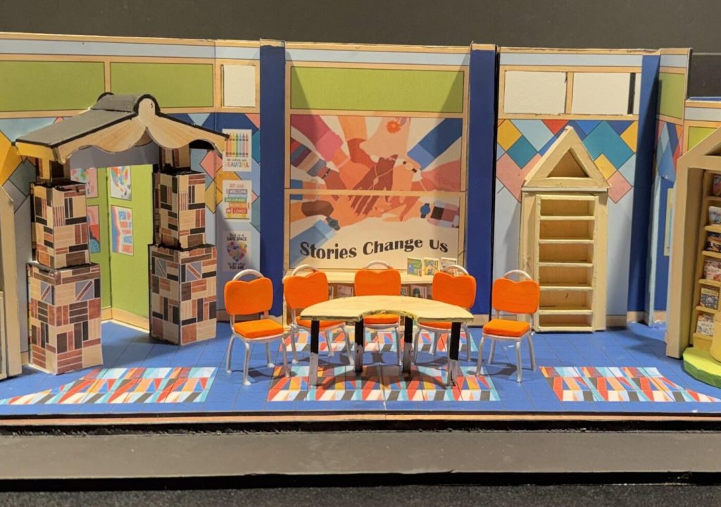 A scale model for the scenic design of Island City Stage's Eureka Day . Scenic design and model by Michael McClain.