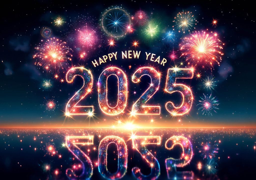 Happy new year 2025 reflection with fireworks. Happy new year 2025 fire works and reflection in the sky