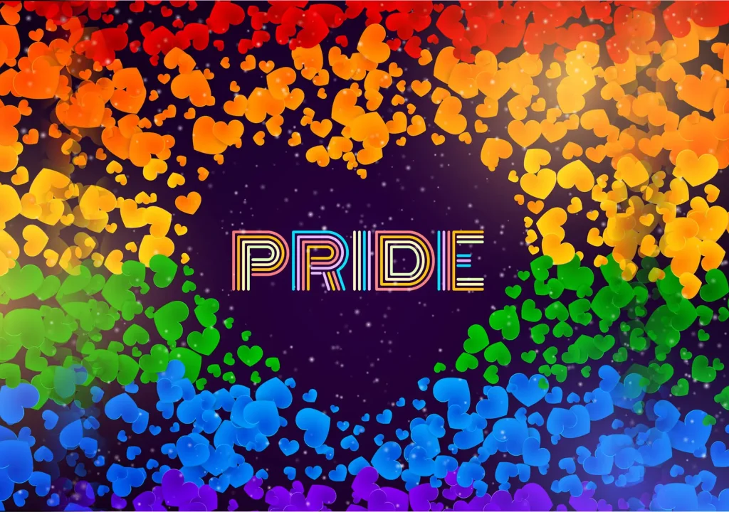 LGBT pride greeting card, gay love celebration, rainbow background, vector illustration