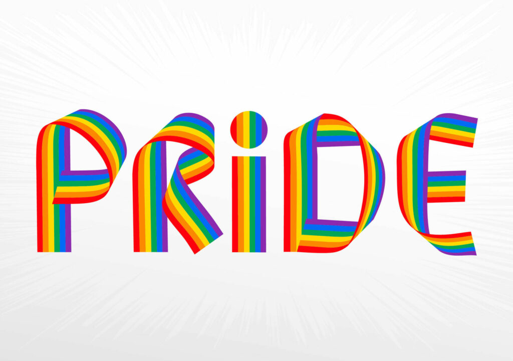 Pride Text with LGBT Flag Colors. Colorful text lined with ribbons. LGBT Pride Banner. Pride Rainbow Text. Vector illustration. Isolated on white background.