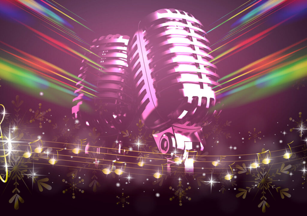 Retro Microphone with rainbow light background and music notes in gold colors with gold and silver stars