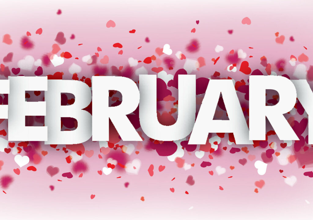 Pink banner with hearts and text february.