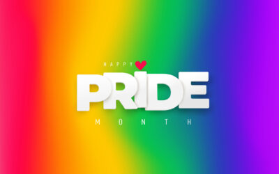 LGBTQ Pride Month. White paper text Pride label on blurred rainbow background. Banner Love is love. Human rights or diversity concept. Template LGBT event banner design.