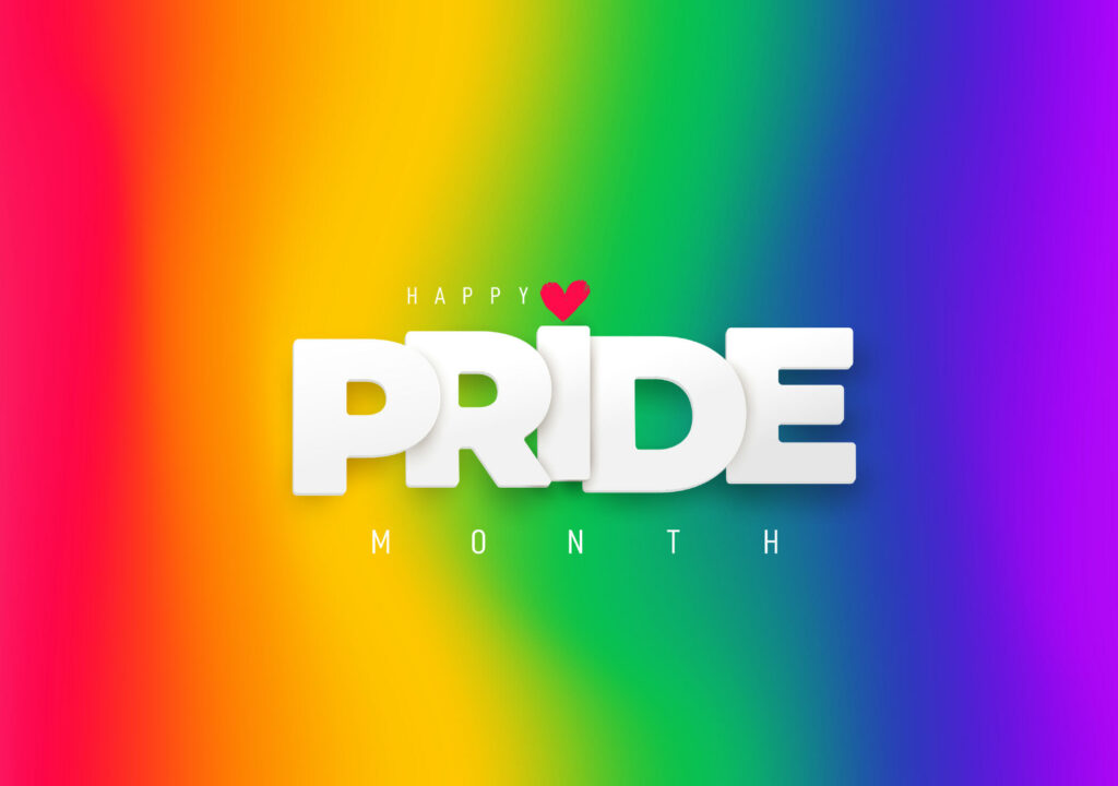 LGBTQ Pride Month. White paper text Pride label on blurred rainbow background. Banner Love is love. Human rights or diversity concept. Template LGBT event banner design.