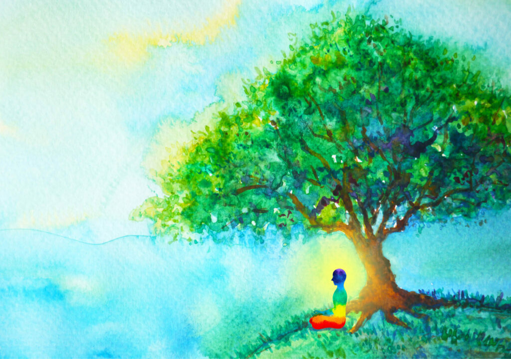 7 color chakra human lotus pose yoga, abstract world, universe inside your mind mental, watercolor painting illustration design hand drawn