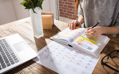 Close-up Of A Businesswoman Making Agenda On Personal Organizer At Workplace