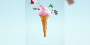 Summer ice cream concept. Strawberry ice cream `wave` with surfboard, beach sign and palm tree