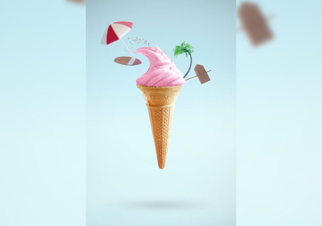 Summer ice cream concept. Strawberry ice cream `wave` with surfboard, beach sign and palm tree