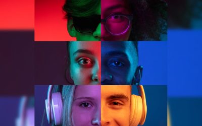 Vertical composite image of close-up male and female eyes isolated on colored neon backgorund. Multicolored pieces. Music. Multicolored stripes. Concept of equality, human rights, unification of all nations, ages and interests.
