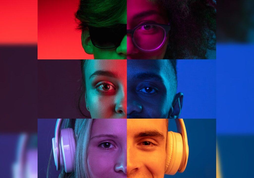 Vertical composite image of close-up male and female eyes isolated on colored neon backgorund. Multicolored pieces. Music. Multicolored stripes. Concept of equality, human rights, unification of all nations, ages and interests.