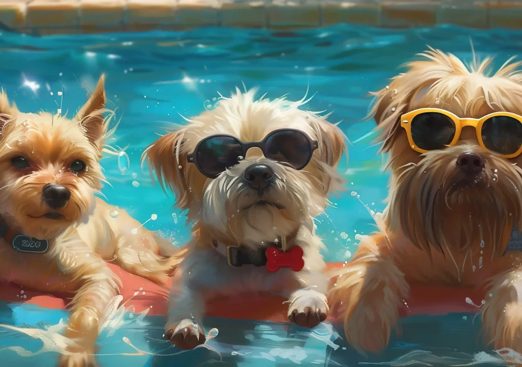 funny dogs puppy with sunglasses in the pool. funny dogs puppy with AI generated