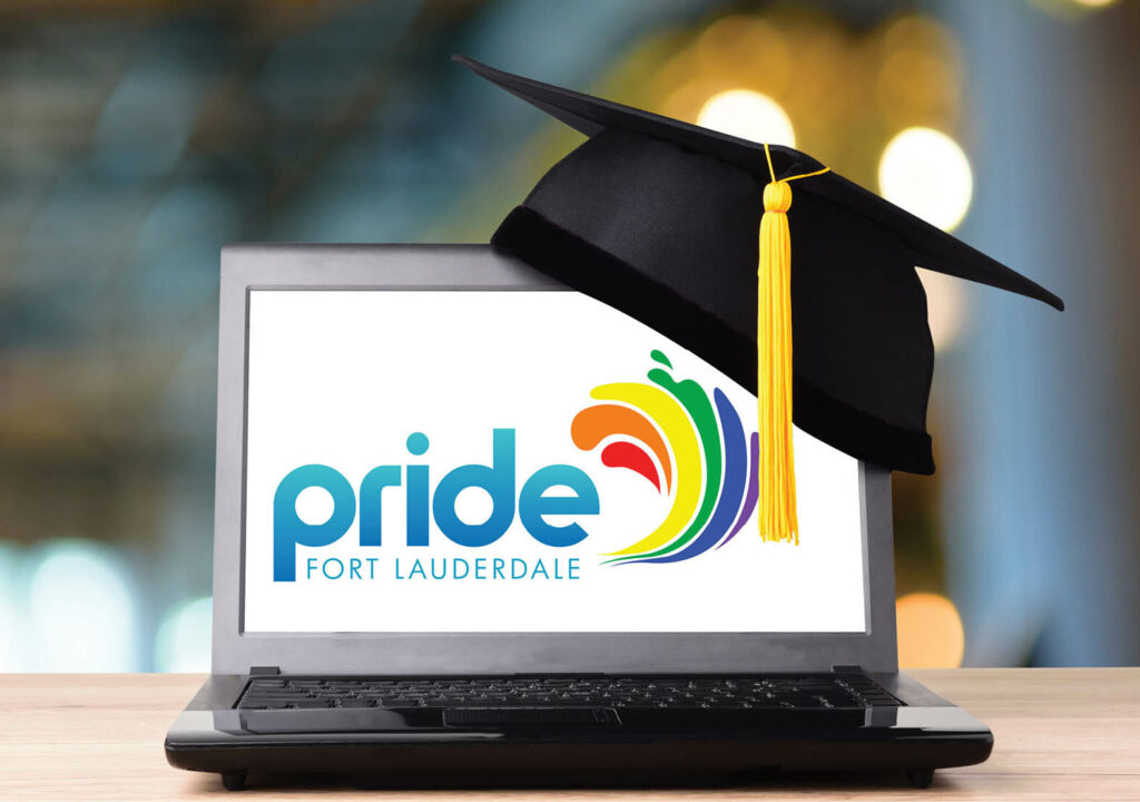 Black yellow tassel hat of graduation on computer table with notebook With Pride Fort Lauderdale logo on Laptop screen