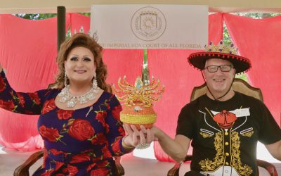 Earl Bunning as RaeJean Cox (left) with Michael Cyrus at their investiture for The Imperial Sun Court of All Florida at Richardson Park in Wilton Manors May 1, 2021. Photo: Imperial Sun Court of All Florida/JMH Creative.