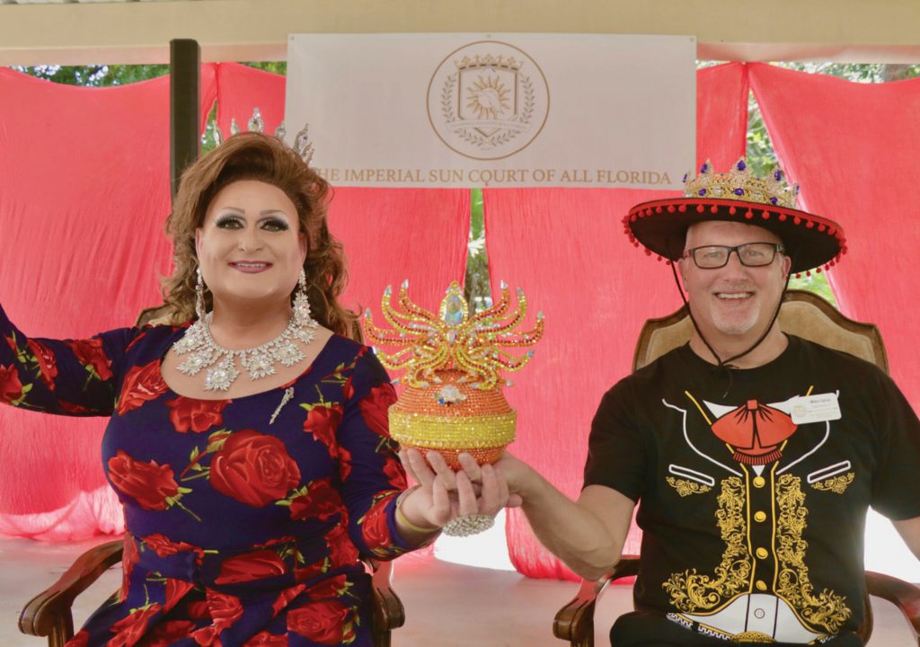 Earl Bunning as RaeJean Cox (left) with Michael Cyrus at their investiture for The Imperial Sun Court of All Florida at Richardson Park in Wilton Manors May 1, 2021. Photo: Imperial Sun Court of All Florida/JMH Creative.