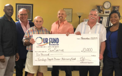 Dexter Green, case manager, Sun Serve; David Jobin, president & CEO, Our Fund Foundation; Don Richard, Tuesday’s Angels; Chuck Nicholls, Tuesday’s Angels Donor Advisory Fund; Mark Ketcham, executive director, SunServe and Tiffany Arieagus, case manager, SunServe   |   Photo Courtesy of Diana Hanford