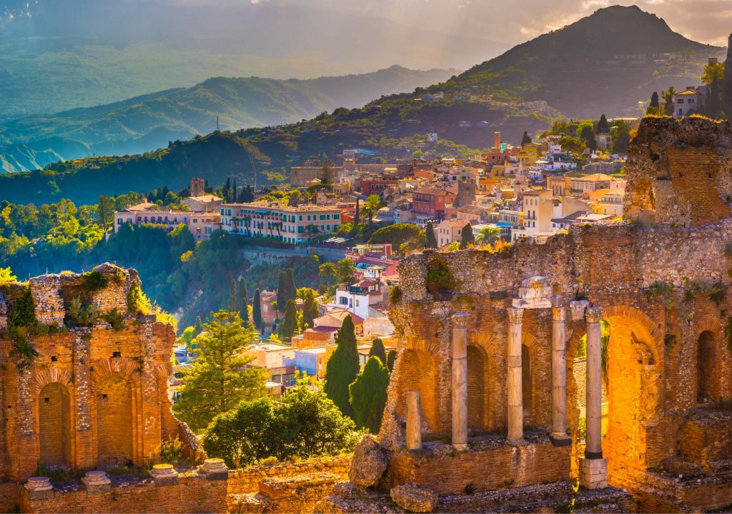 The Ruins of Taormina Theater at Sunset. Beautiful travel photo, colorful image of Sicily.