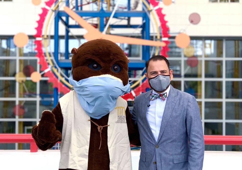 Joe Cox with bear with mask